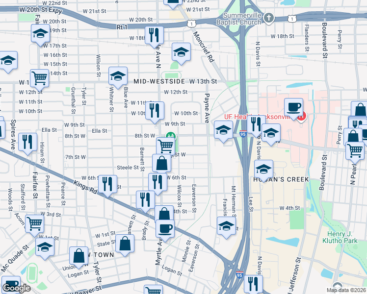 map of restaurants, bars, coffee shops, grocery stores, and more near 1230 Mc Conihe Street in Jacksonville