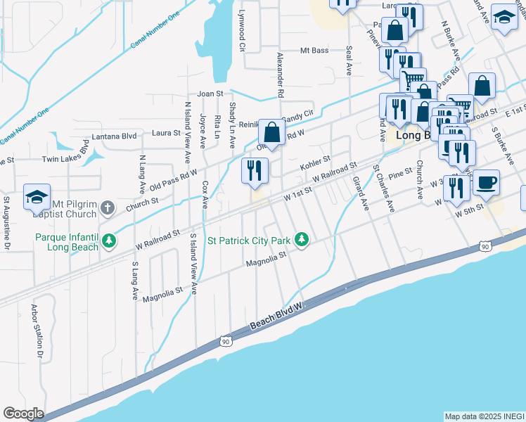 map of restaurants, bars, coffee shops, grocery stores, and more near 703 West 1st Street in Long Beach