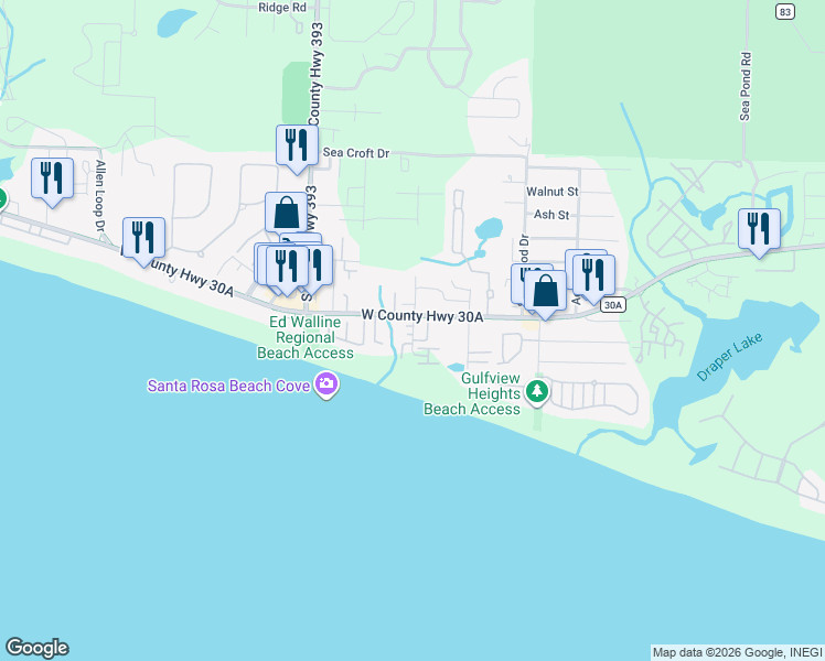 map of restaurants, bars, coffee shops, grocery stores, and more near 42 South Spooky Lane in Santa Rosa Beach