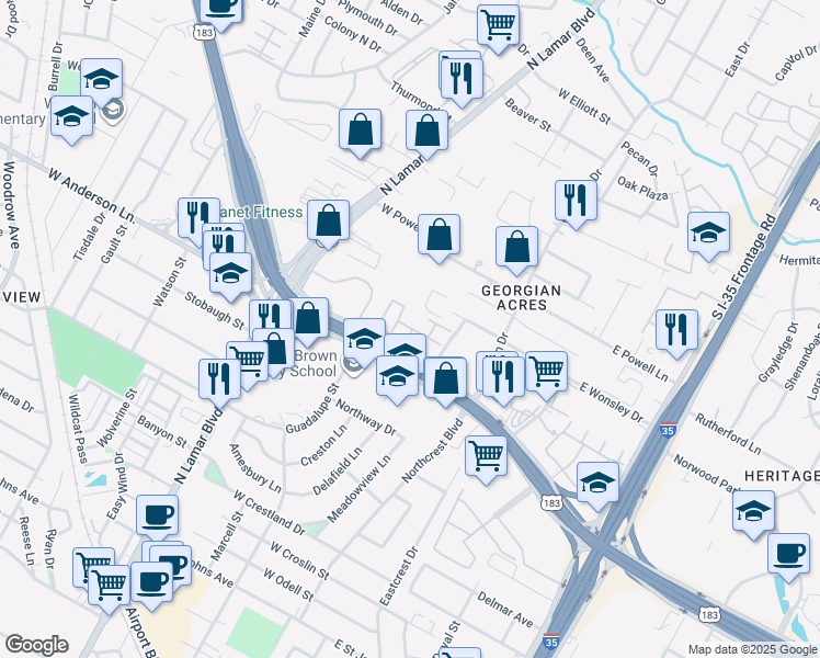 map of restaurants, bars, coffee shops, grocery stores, and more near 400 West Anderson Lane in Austin