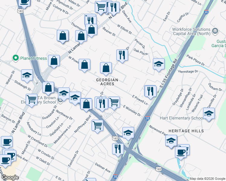 map of restaurants, bars, coffee shops, grocery stores, and more near 202 East Lola Drive in Austin