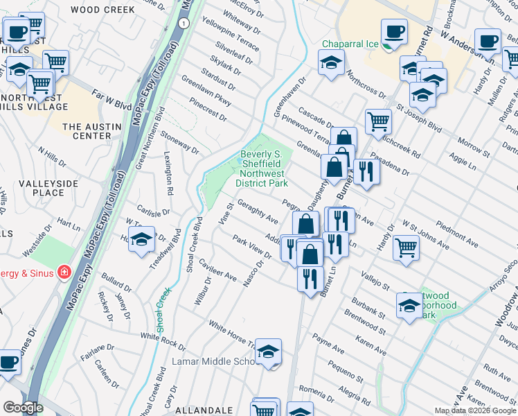 map of restaurants, bars, coffee shops, grocery stores, and more near 2702 Geraghty Avenue in Austin