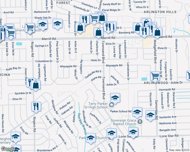 map of restaurants, bars, coffee shops, grocery stores, and more near 7043 Alana Road in Jacksonville