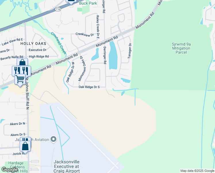 map of restaurants, bars, coffee shops, grocery stores, and more near 1515 Derringer Road in Jacksonville