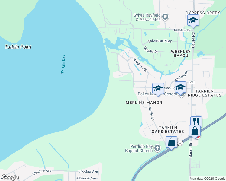 map of restaurants, bars, coffee shops, grocery stores, and more near 135 Tarkiln Way in Pensacola