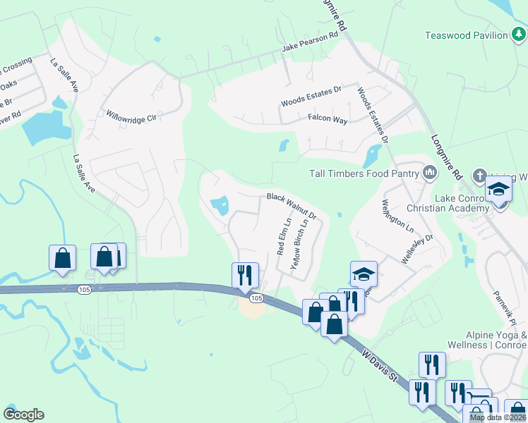 map of restaurants, bars, coffee shops, grocery stores, and more near 808 Dogberry Lane in Conroe