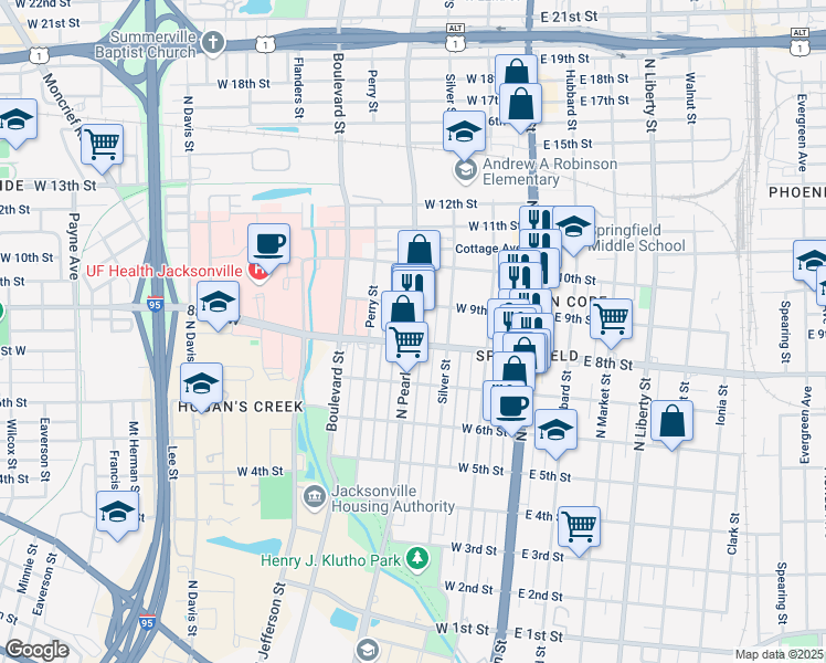 map of restaurants, bars, coffee shops, grocery stores, and more near 1811 North Pearl Street in Jacksonville