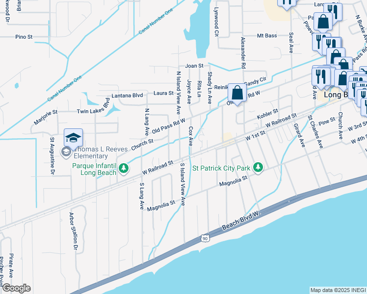 map of restaurants, bars, coffee shops, grocery stores, and more near 105 North Island View Avenue in Long Beach