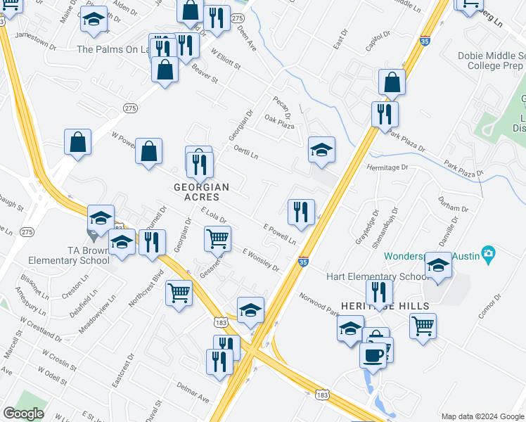 map of restaurants, bars, coffee shops, grocery stores, and more near 8207 Sam Rayburn Drive in Austin