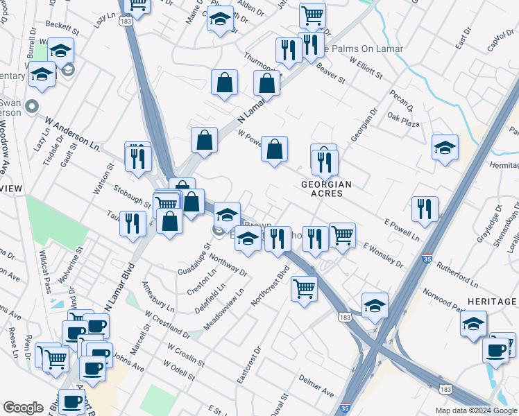 map of restaurants, bars, coffee shops, grocery stores, and more near 400 West Anderson Lane in Austin