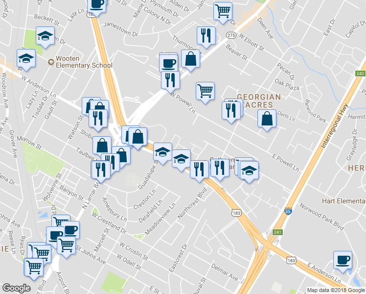 map of restaurants, bars, coffee shops, grocery stores, and more near 400 West Anderson Lane in Austin