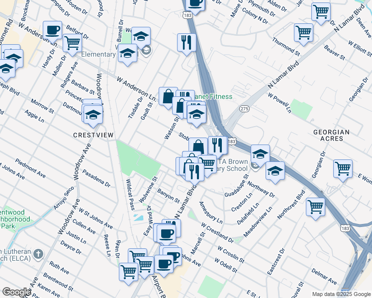 map of restaurants, bars, coffee shops, grocery stores, and more near 914 Taulbee Lane in Austin