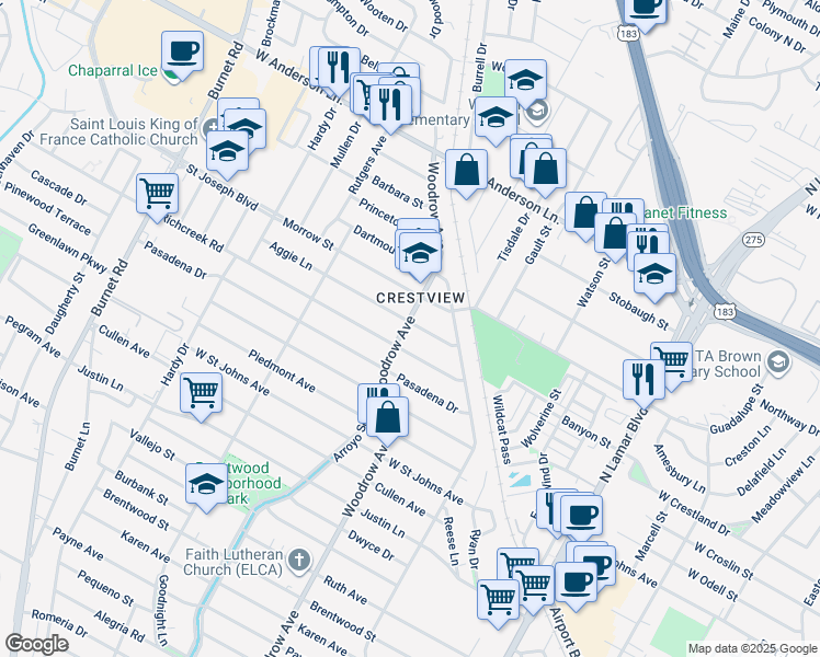 map of restaurants, bars, coffee shops, grocery stores, and more near 1304 Aggie Lane in Austin