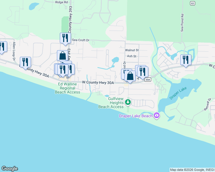 map of restaurants, bars, coffee shops, grocery stores, and more near 4049 West County Highway 30A in Santa Rosa Beach