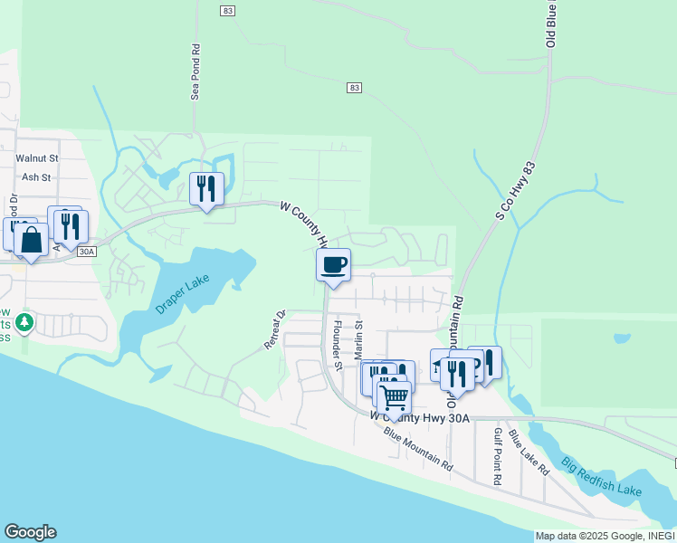map of restaurants, bars, coffee shops, grocery stores, and more near 29 Ventana Boulevard in Santa Rosa Beach