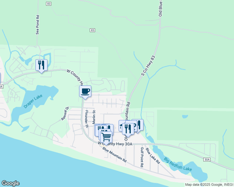map of restaurants, bars, coffee shops, grocery stores, and more near 279 Ventana Boulevard in Santa Rosa Beach