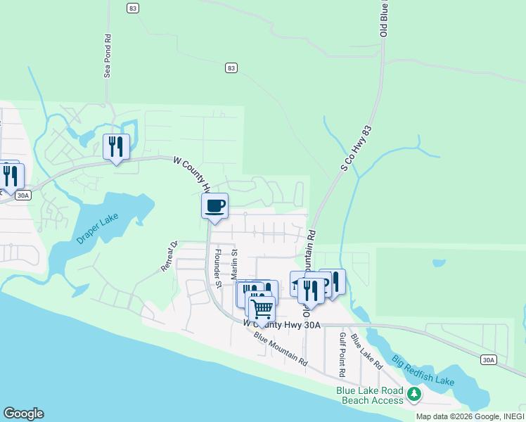 map of restaurants, bars, coffee shops, grocery stores, and more near 193 Ventana Boulevard in Santa Rosa Beach