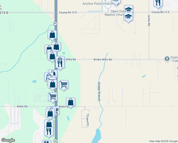 map of restaurants, bars, coffee shops, grocery stores, and more near 20316 Brinks Willis Road in Foley
