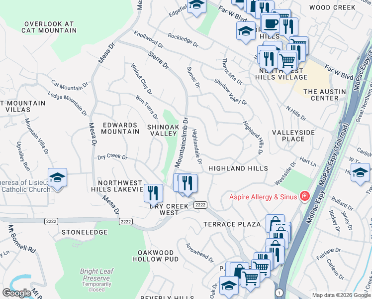 map of restaurants, bars, coffee shops, grocery stores, and more near 6101 Mountainclimb Drive in Austin