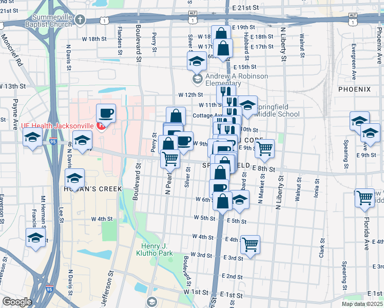 map of restaurants, bars, coffee shops, grocery stores, and more near 1821 Silver Street in Jacksonville