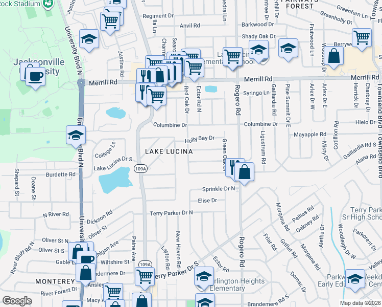 map of restaurants, bars, coffee shops, grocery stores, and more near 2320 Red Oak Drive in Jacksonville
