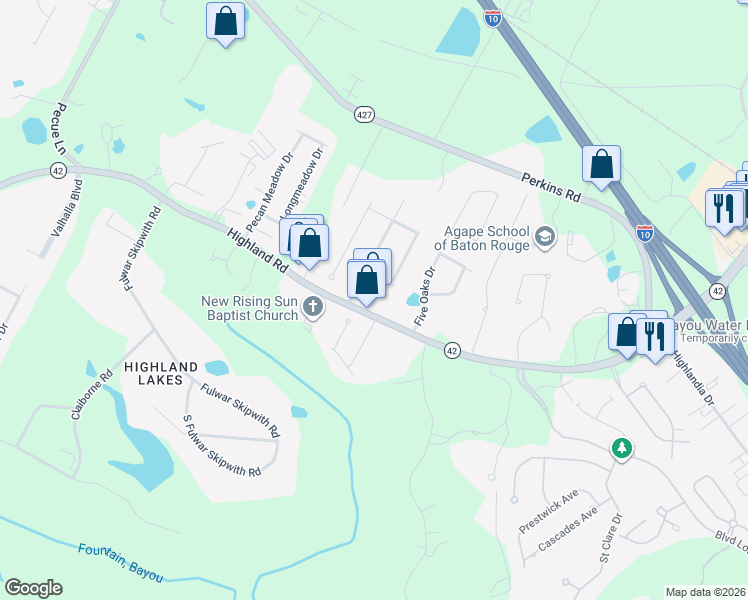 map of restaurants, bars, coffee shops, grocery stores, and more near 16645 Highland Road in Baton Rouge