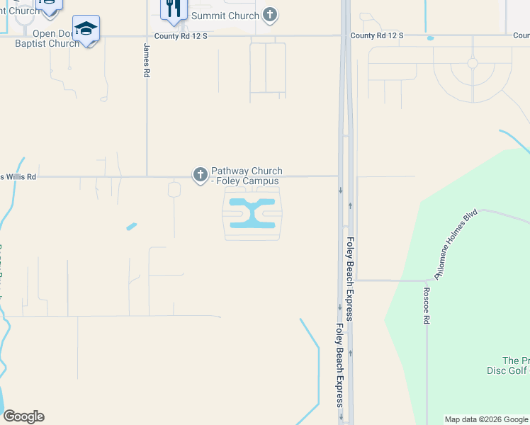 map of restaurants, bars, coffee shops, grocery stores, and more near Sereno Street in Foley