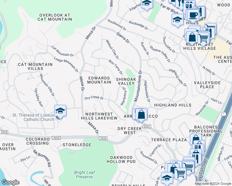 map of restaurants, bars, coffee shops, grocery stores, and more near 6006 Bon Terra Drive in Austin