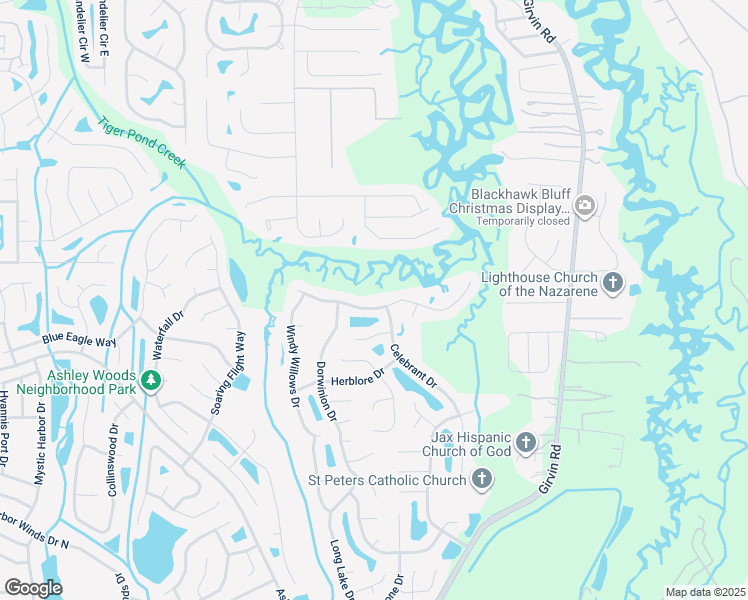 map of restaurants, bars, coffee shops, grocery stores, and more near 12555 Windy Willows Dr N in Jacksonville