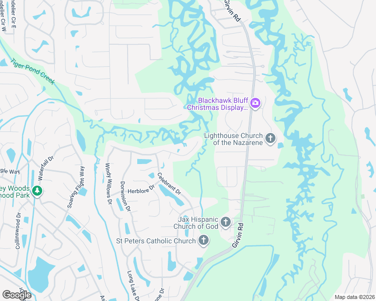 map of restaurants, bars, coffee shops, grocery stores, and more near 12683 North Windy Willows Drive in Jacksonville