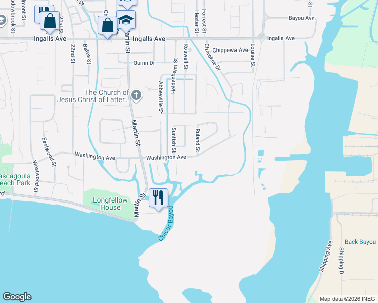 map of restaurants, bars, coffee shops, grocery stores, and more near 905 Ruland St in Pascagoula