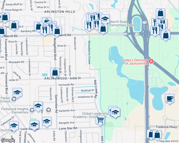 map of restaurants, bars, coffee shops, grocery stores, and more near 8049 Congaree Court North in Jacksonville