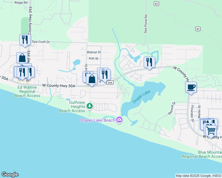 map of restaurants, bars, coffee shops, grocery stores, and more near 72 Vicki Street in Santa Rosa Beach