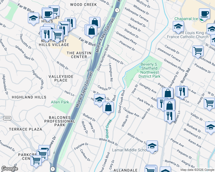 map of restaurants, bars, coffee shops, grocery stores, and more near 6603 Argentia Road in Austin