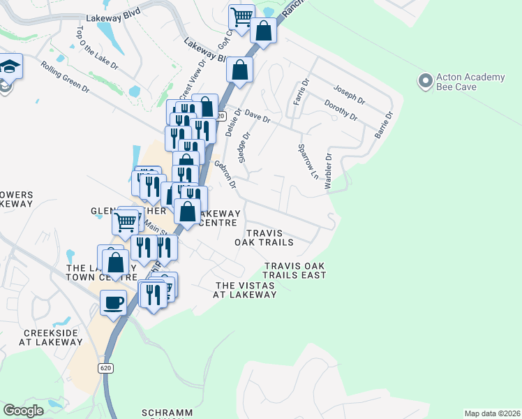 map of restaurants, bars, coffee shops, grocery stores, and more near 15205 Gebron Drive in Austin
