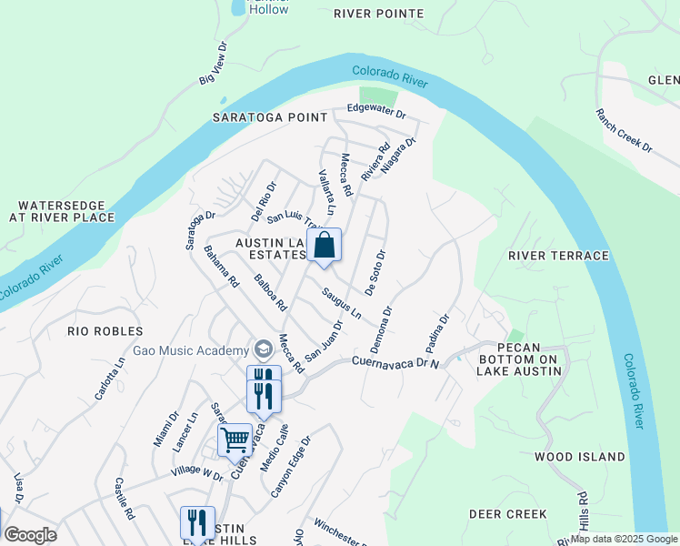 map of restaurants, bars, coffee shops, grocery stores, and more near 2514 De Soto Drive in Austin