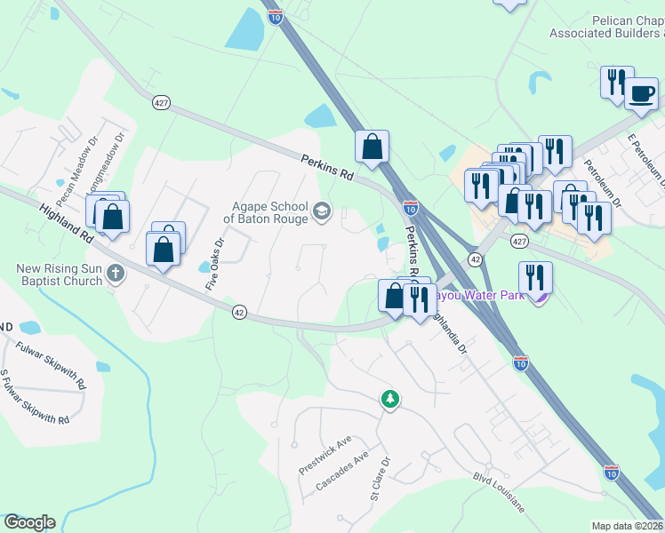 map of restaurants, bars, coffee shops, grocery stores, and more near 17735 Crossing Boulevard in Baton Rouge