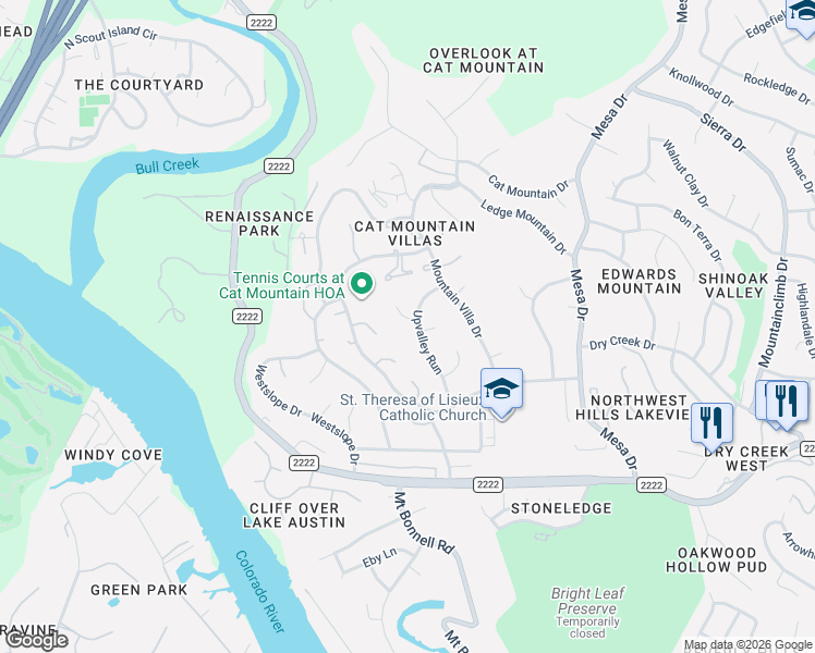 map of restaurants, bars, coffee shops, grocery stores, and more near 5900 Down Valley Court in Austin