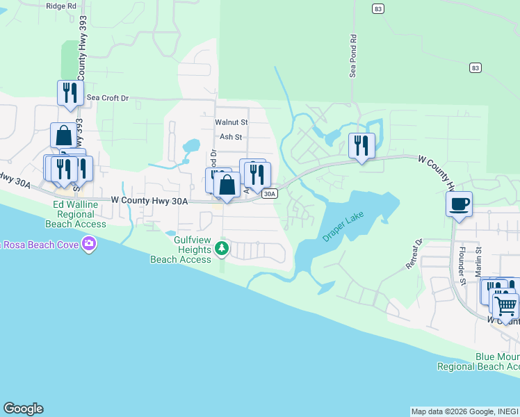 map of restaurants, bars, coffee shops, grocery stores, and more near 72 Vicki Street in Santa Rosa Beach