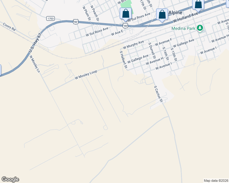 map of restaurants, bars, coffee shops, grocery stores, and more near Live Oak Street in Alpine