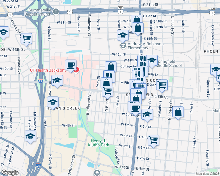 map of restaurants, bars, coffee shops, grocery stores, and more near 1811 North Pearl Street in Jacksonville