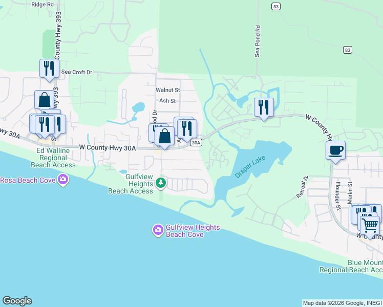 map of restaurants, bars, coffee shops, grocery stores, and more near 72 Vicki Street in Santa Rosa Beach
