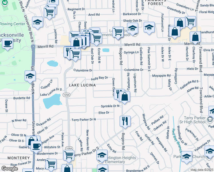 map of restaurants, bars, coffee shops, grocery stores, and more near 6330 Pine Cove Lane in Jacksonville