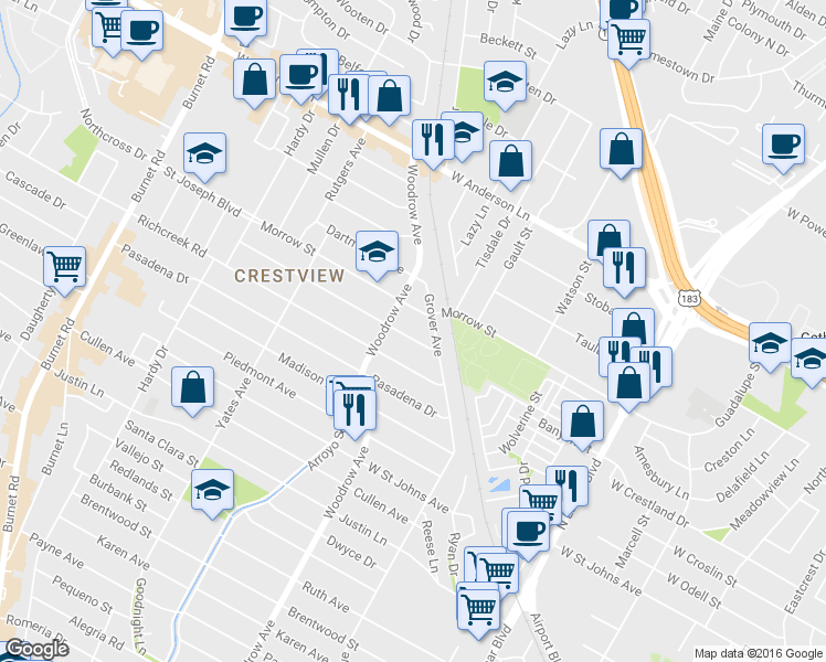 map of restaurants, bars, coffee shops, grocery stores, and more near 1302 Aggie Lane in Austin