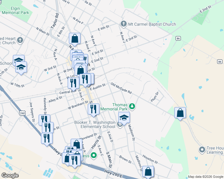 map of restaurants, bars, coffee shops, grocery stores, and more near 209 Martin Luther King Boulevard in Elgin