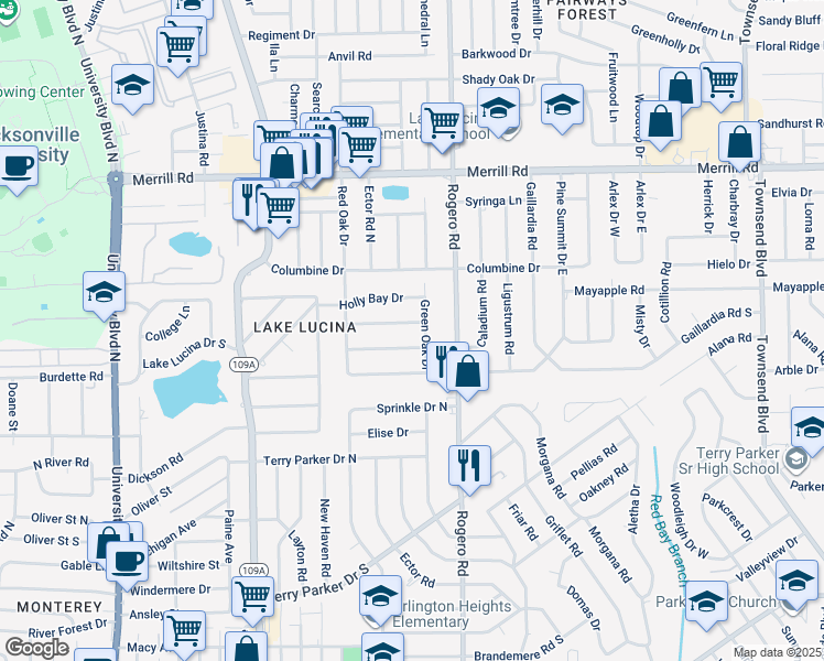 map of restaurants, bars, coffee shops, grocery stores, and more near 6330 Pine Cove Lane in Jacksonville