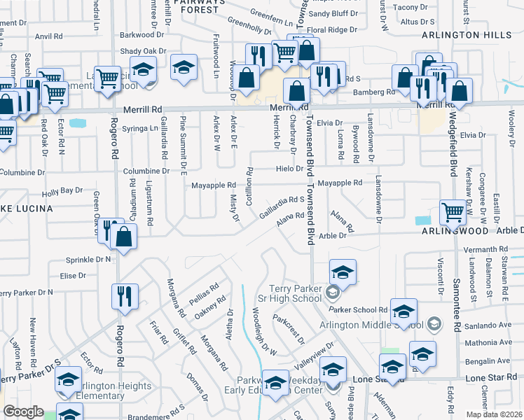 map of restaurants, bars, coffee shops, grocery stores, and more near 7011 Gaillardia Road South in Jacksonville