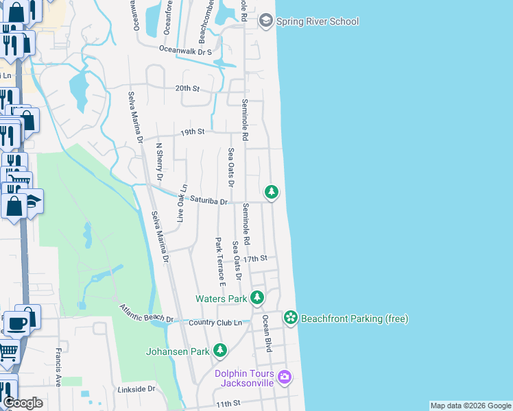 map of restaurants, bars, coffee shops, grocery stores, and more near 1850 Ocean Grove Drive in Atlantic Beach