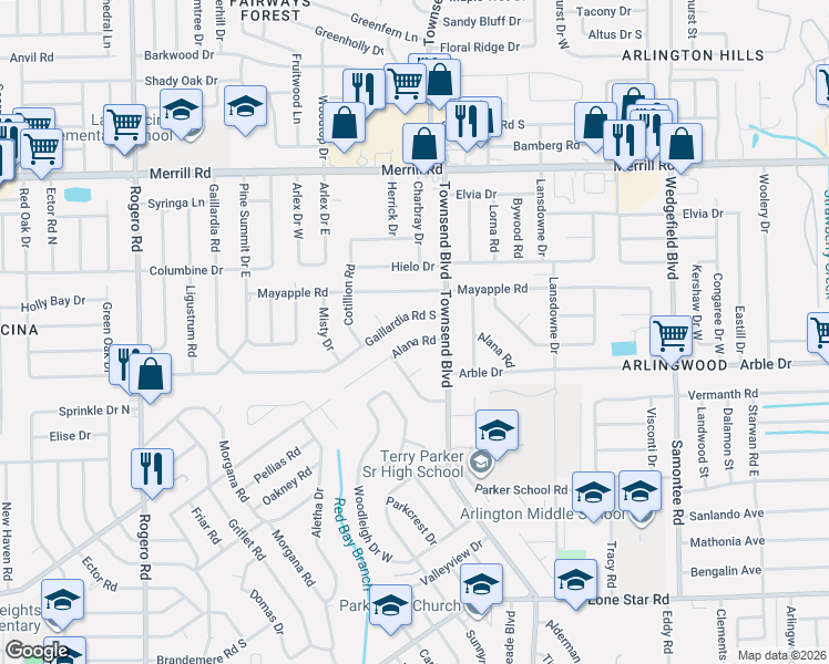 map of restaurants, bars, coffee shops, grocery stores, and more near 7043 Alana Road in Jacksonville