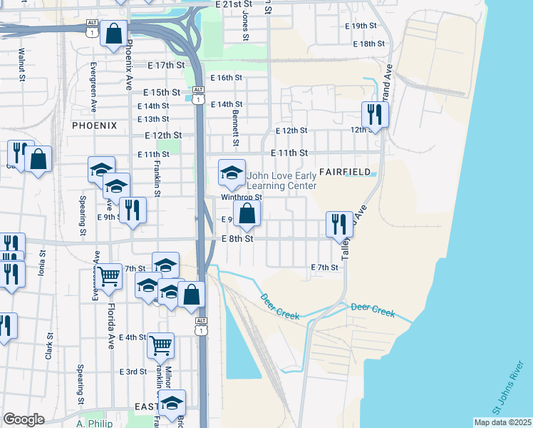 map of restaurants, bars, coffee shops, grocery stores, and more near 1645 East 9th Street in Jacksonville